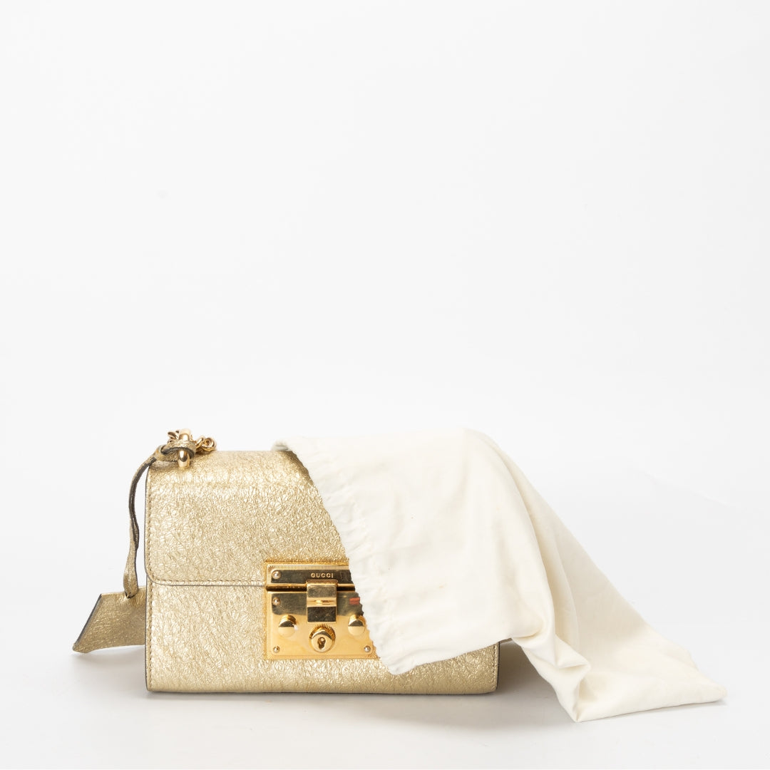 Gucci Gold Metallic Textured Leather Small Padlock Shoulder Bag