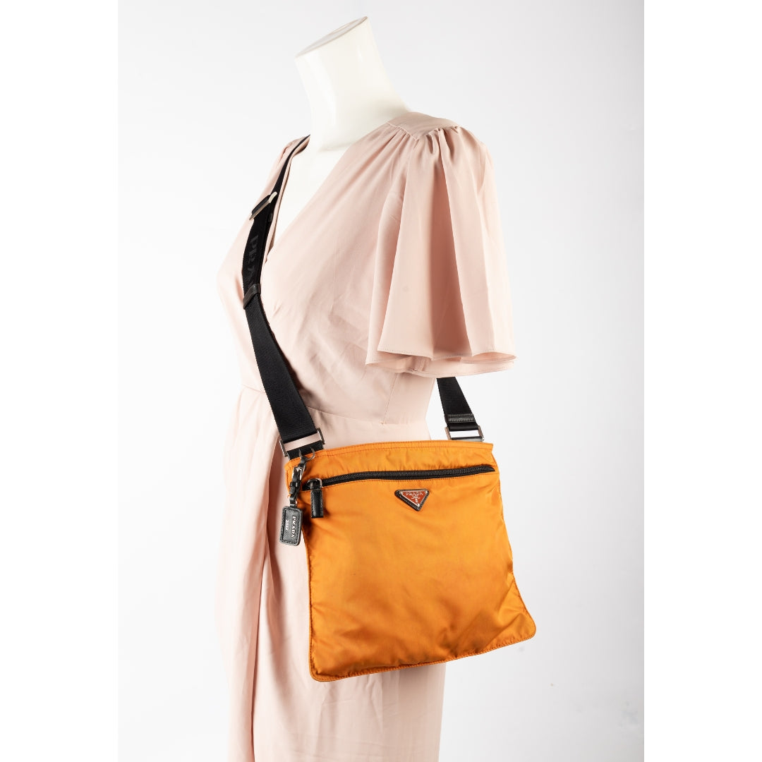 Prada Nylon Orange Thin Pochette Triangle Logo Crossbody Bag