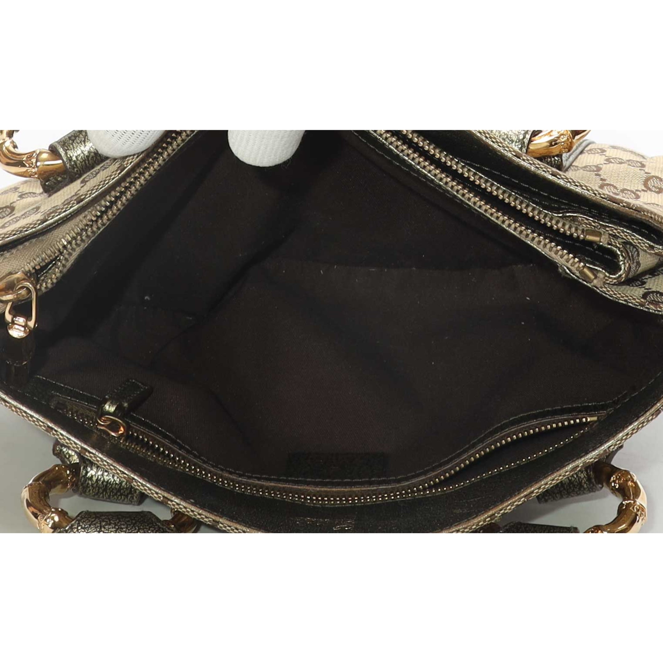 Gucci Metallic/Beige GG Canvas Bamboo Ring Satchel