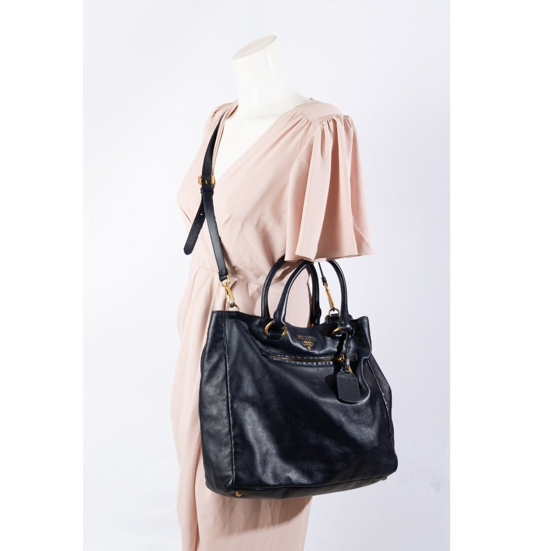 Prada Blue Soft Leather Front Zip Tote