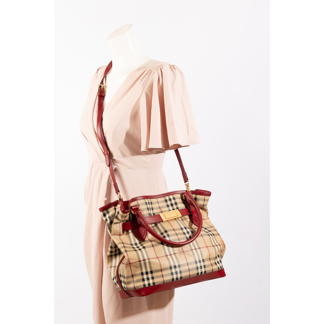 Burberry Red/Beige Haymarket Check Golderton Tote