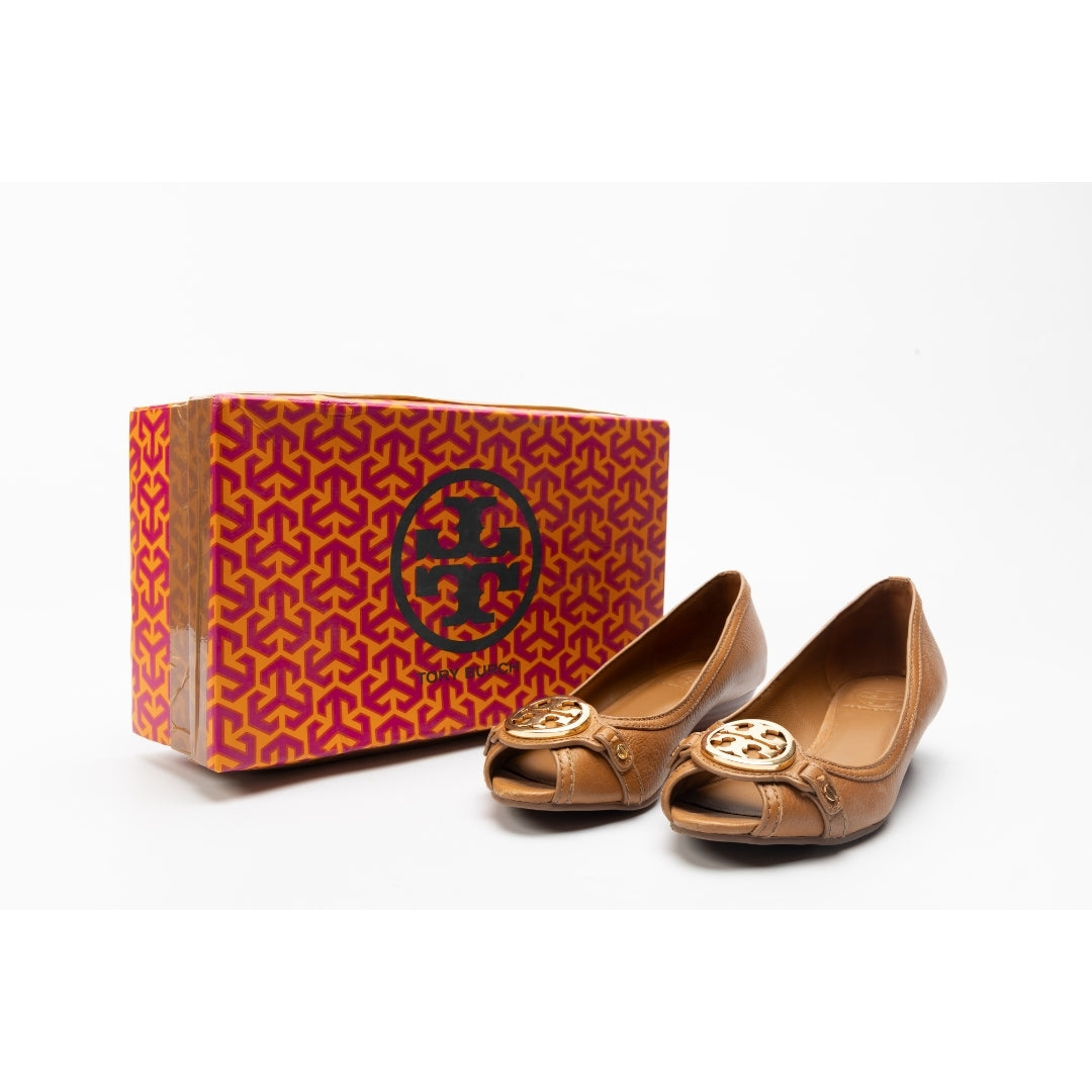 Tory Burch Tan Logo Peep Toe Wedges