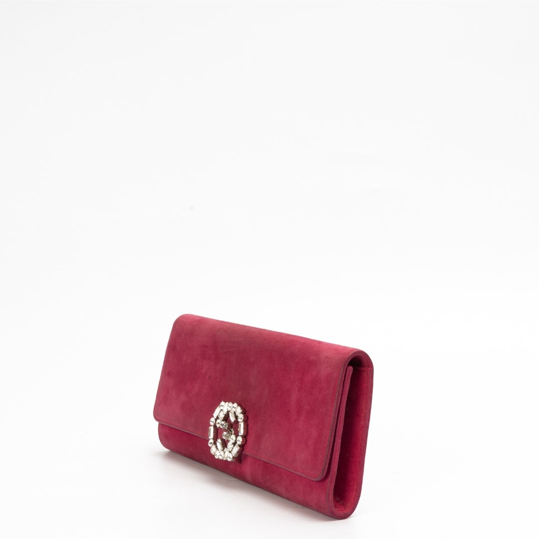 Gucci Pink Suede Interlocking G Crystal Embellished Broadway Clutch