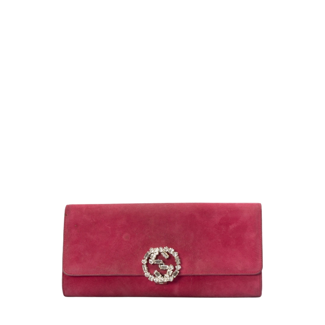 Gucci Pink Suede Interlocking G Crystal Embellished Broadway Clutch
