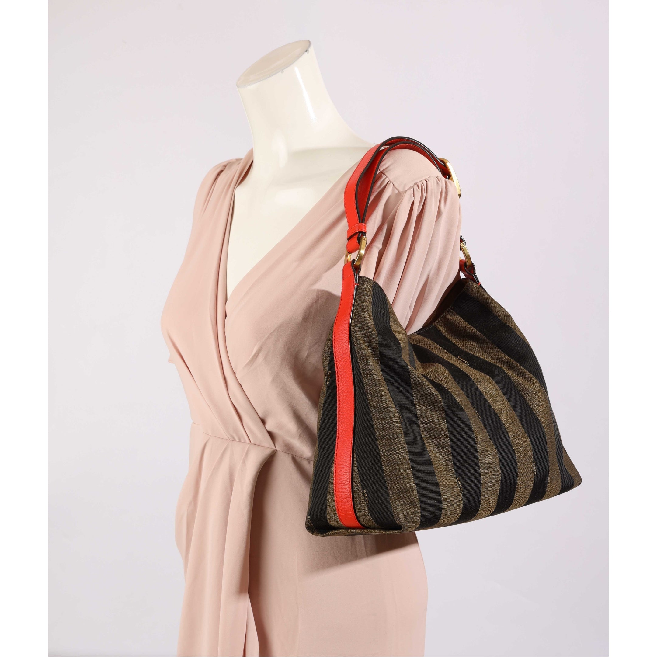 Fendi Brown Stripes Large Pequin Hobo Bag