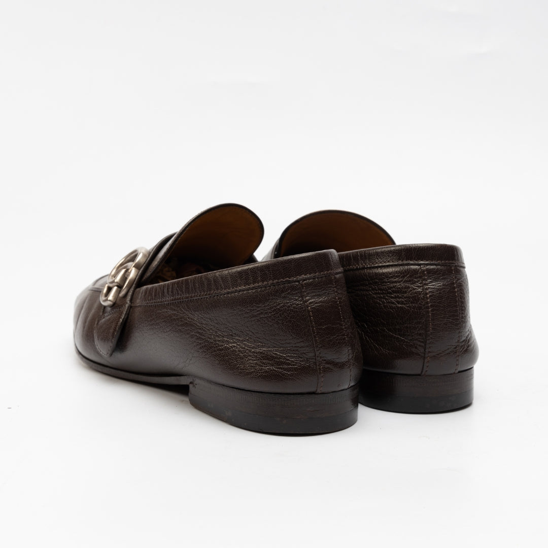 Gucci Brown Leather GG Logo Slip On Loafers