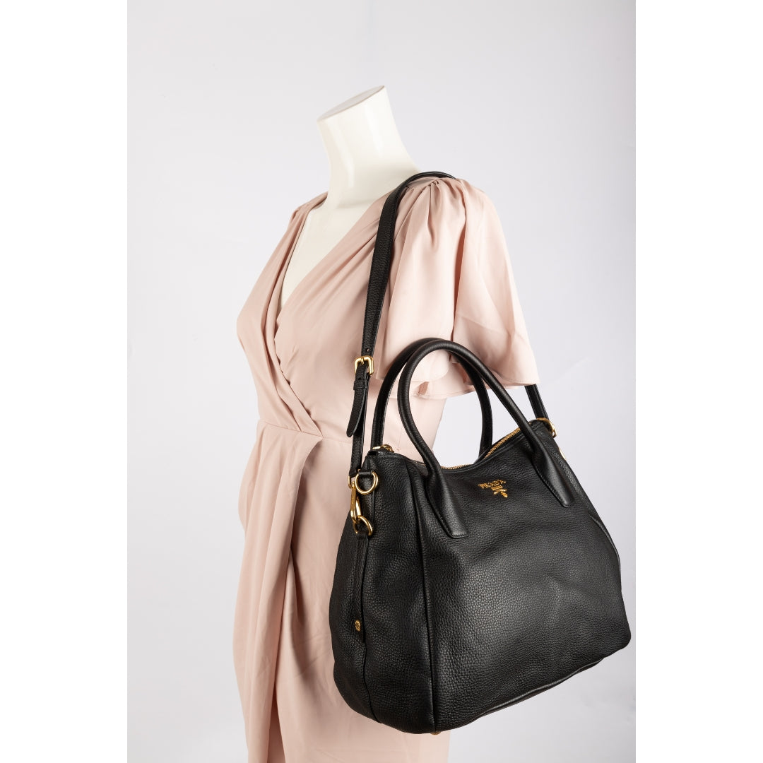 Prada Black Leather Vitello Daino Sacca 2 Manici Hobo Bag