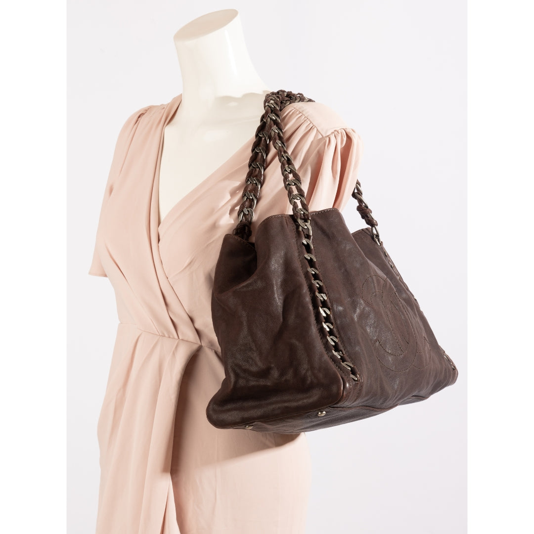 Chanel Dark Brown Caviar Leather Modern Chain East West Tote