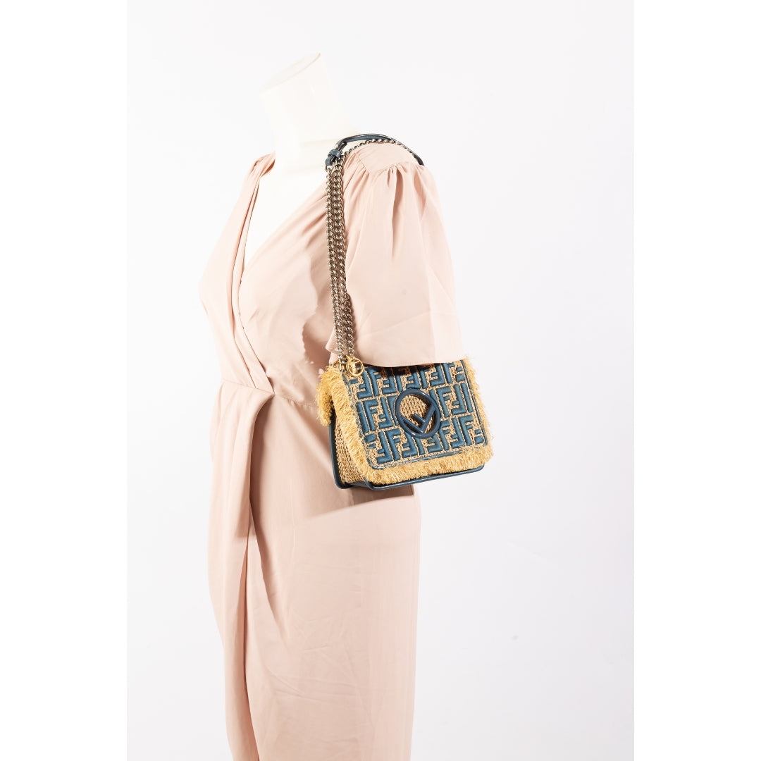 Fendi Beige/Blue Raffia Small Kan Shoulder Bag