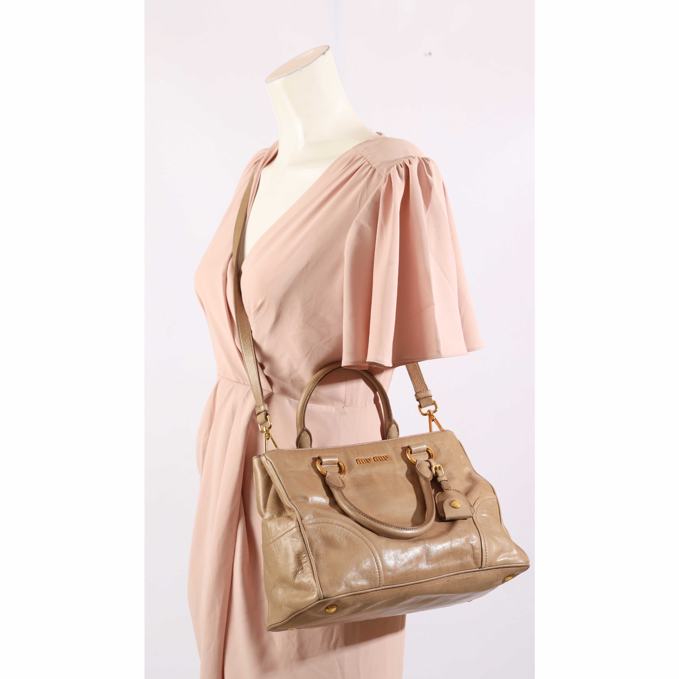 Miu Miu Beige Vitello Shine Convertible Tote