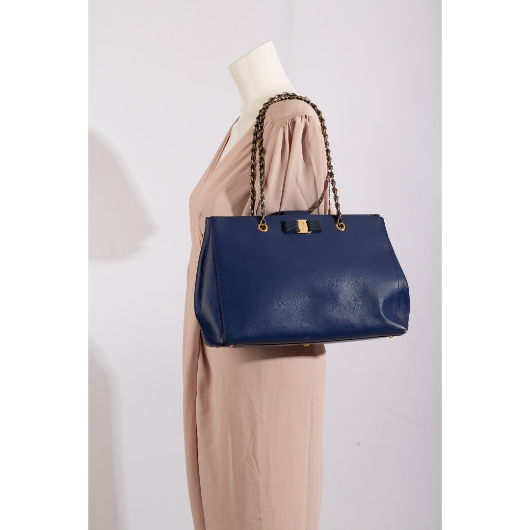 Salvatore Ferragamo Chain-Link Blue Saffiano Leather Tote Bag