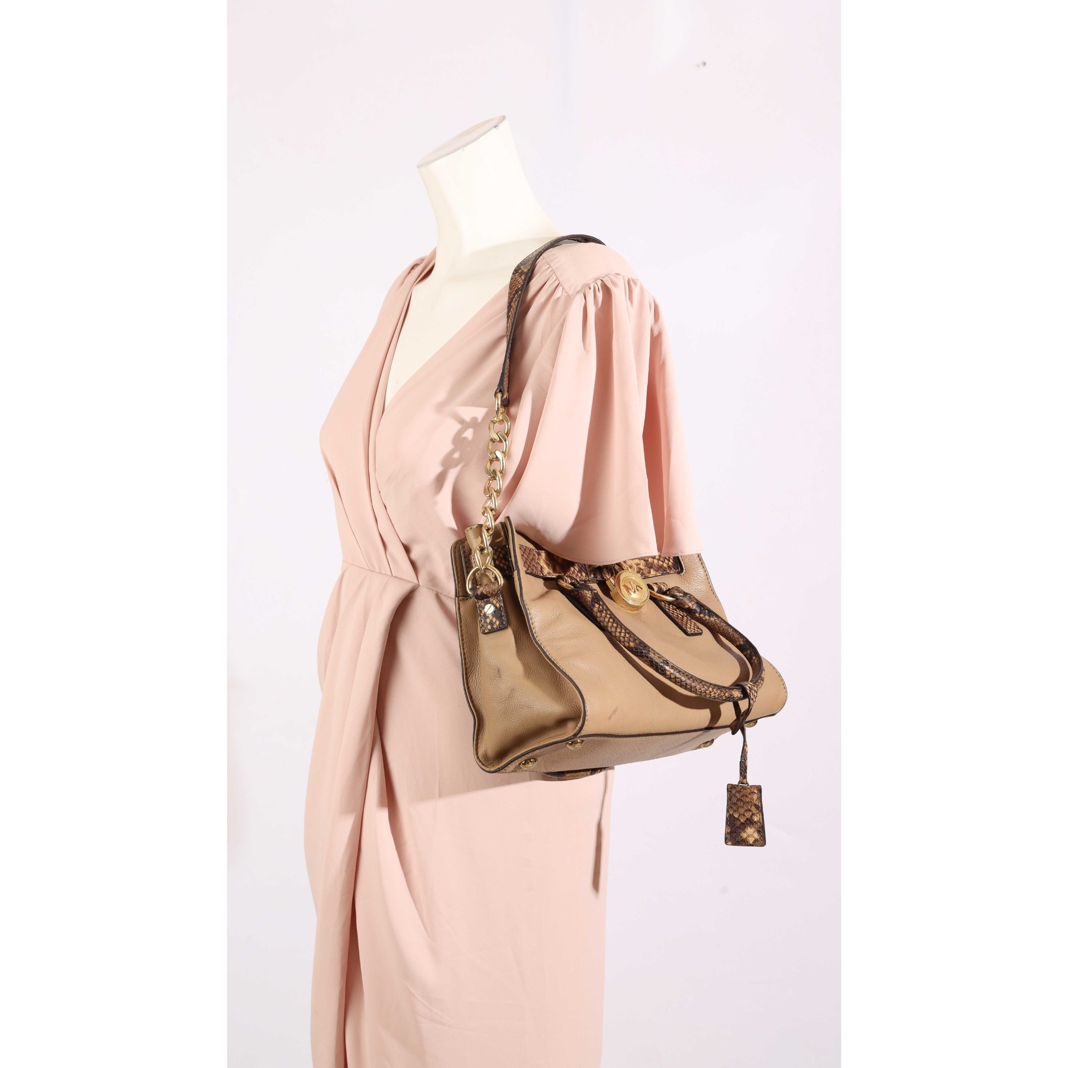 Michael Kors Beige Python Embossed Hamilton Satchel