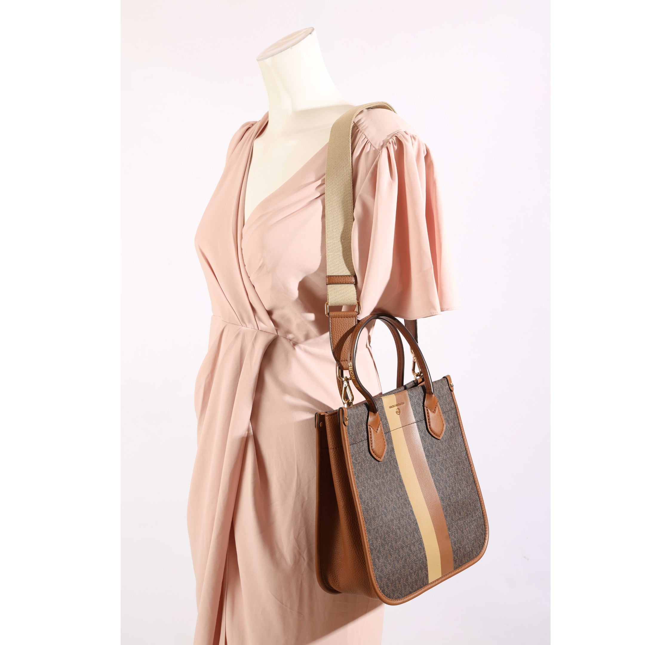 Michael Kors Heidi Brown Stripe Signature Logo Tote