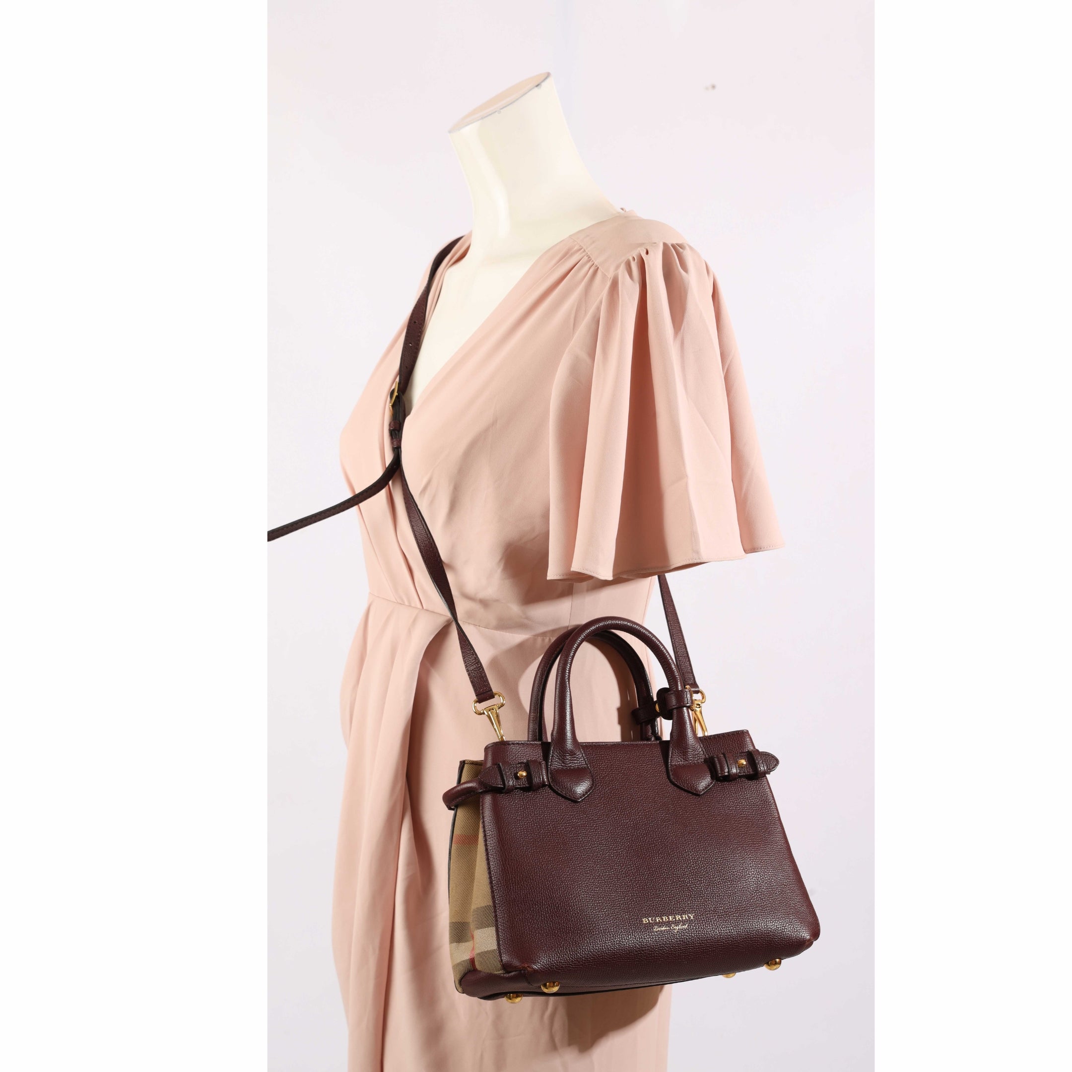 Burberry Burgundy House Check Fabric Banner Satchel
