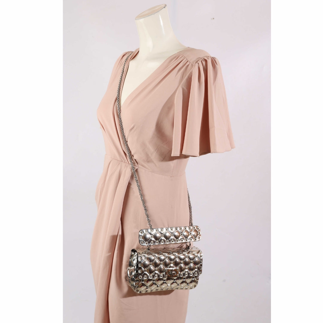 Valentino Silver Quilted Rockstud Spike Crossbody Bag