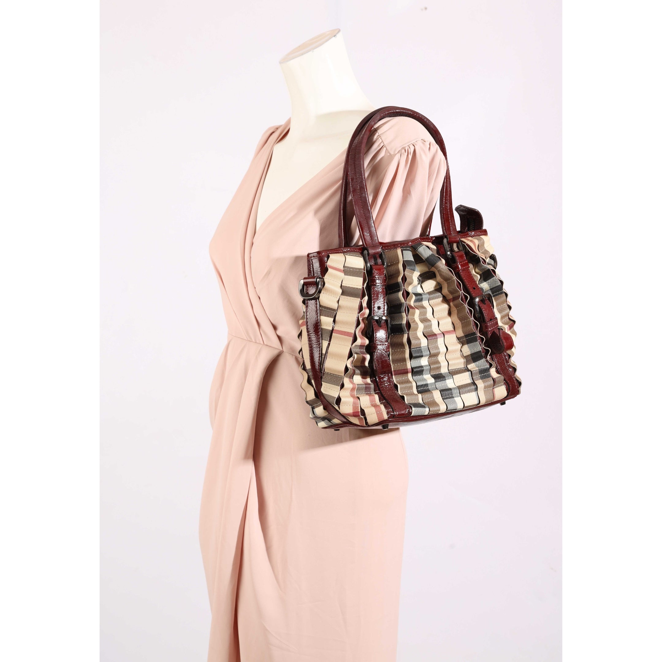 Burberry Beige/Burgundy Nova Check Lowry Tote
