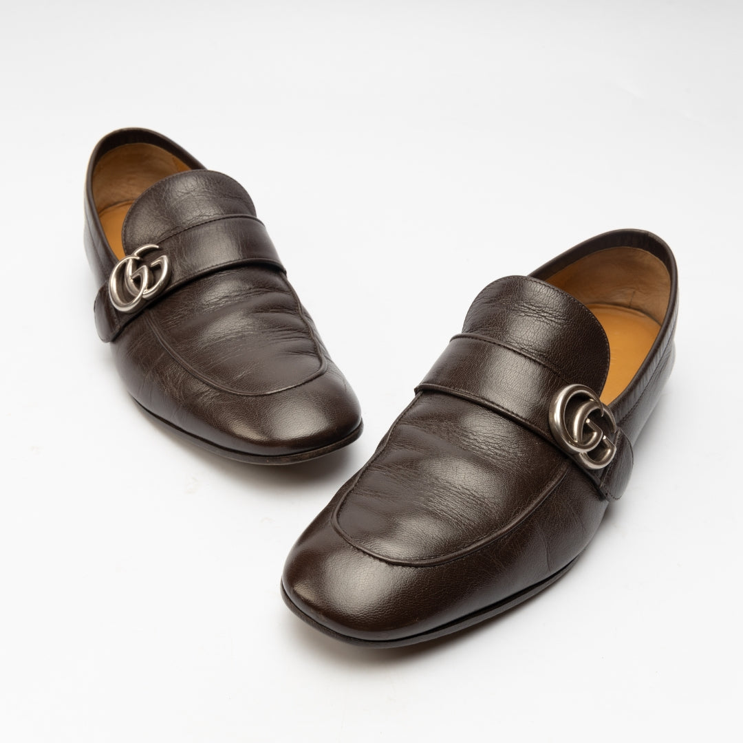 Gucci Brown Leather GG Logo Slip On Loafers