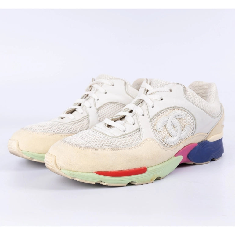 Chanel White Mesh Fabric And Suede CC Sneakers