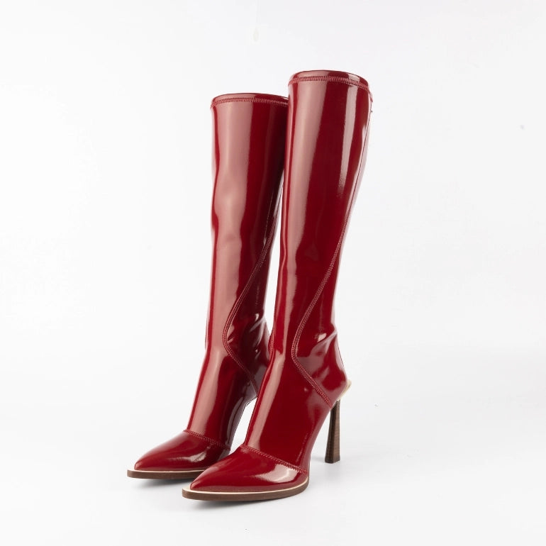 Fendi Red Pointed Toe Patent Leather Knee Boots