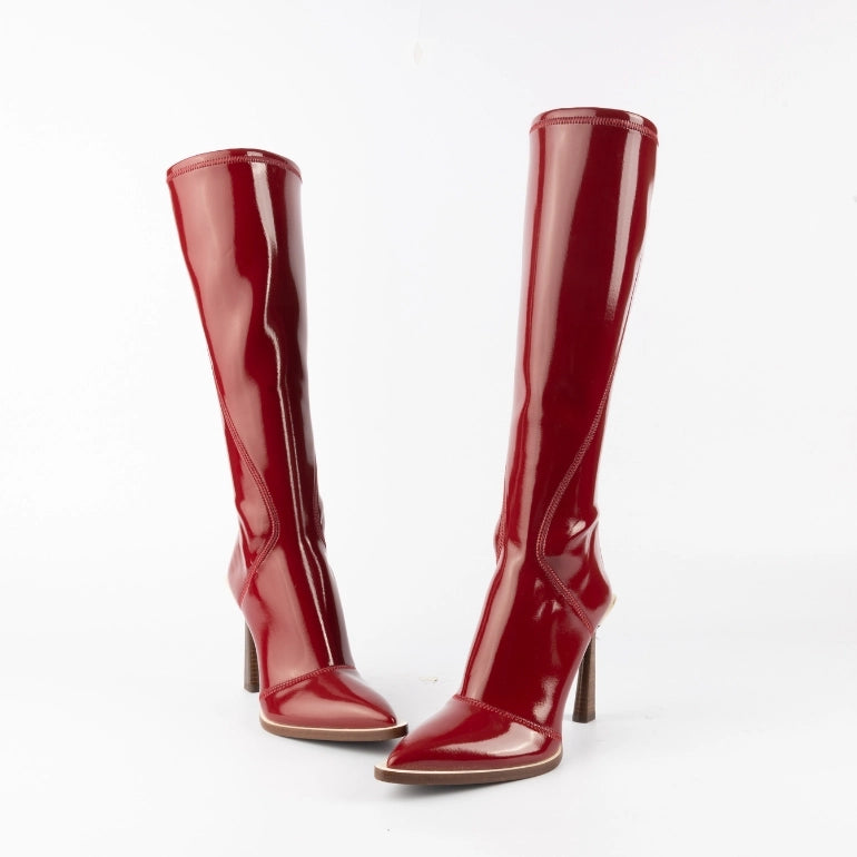 Fendi Red Pointed Toe Patent Leather Knee Boots
