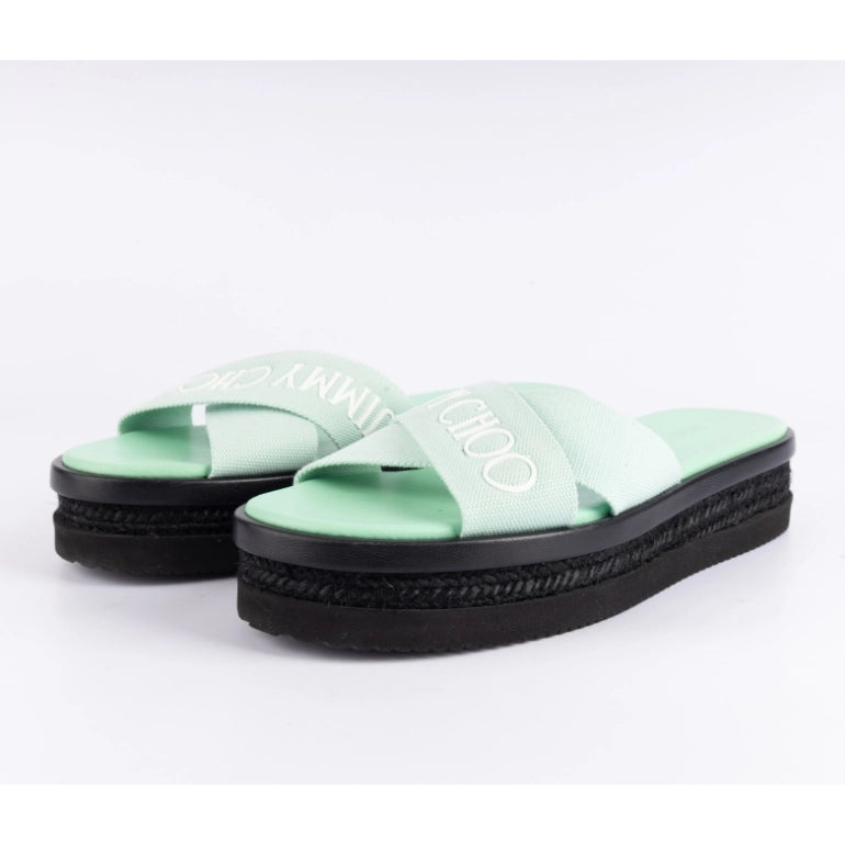 Jimmy Choo Green Canvas Logo Wedge Sandals