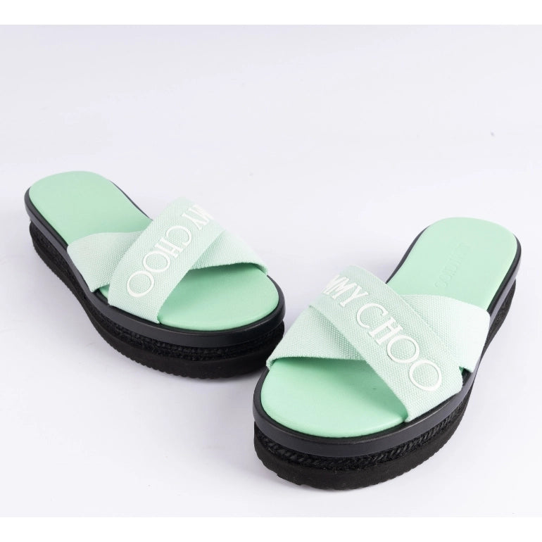 Jimmy Choo Green Canvas Logo Wedge Sandals