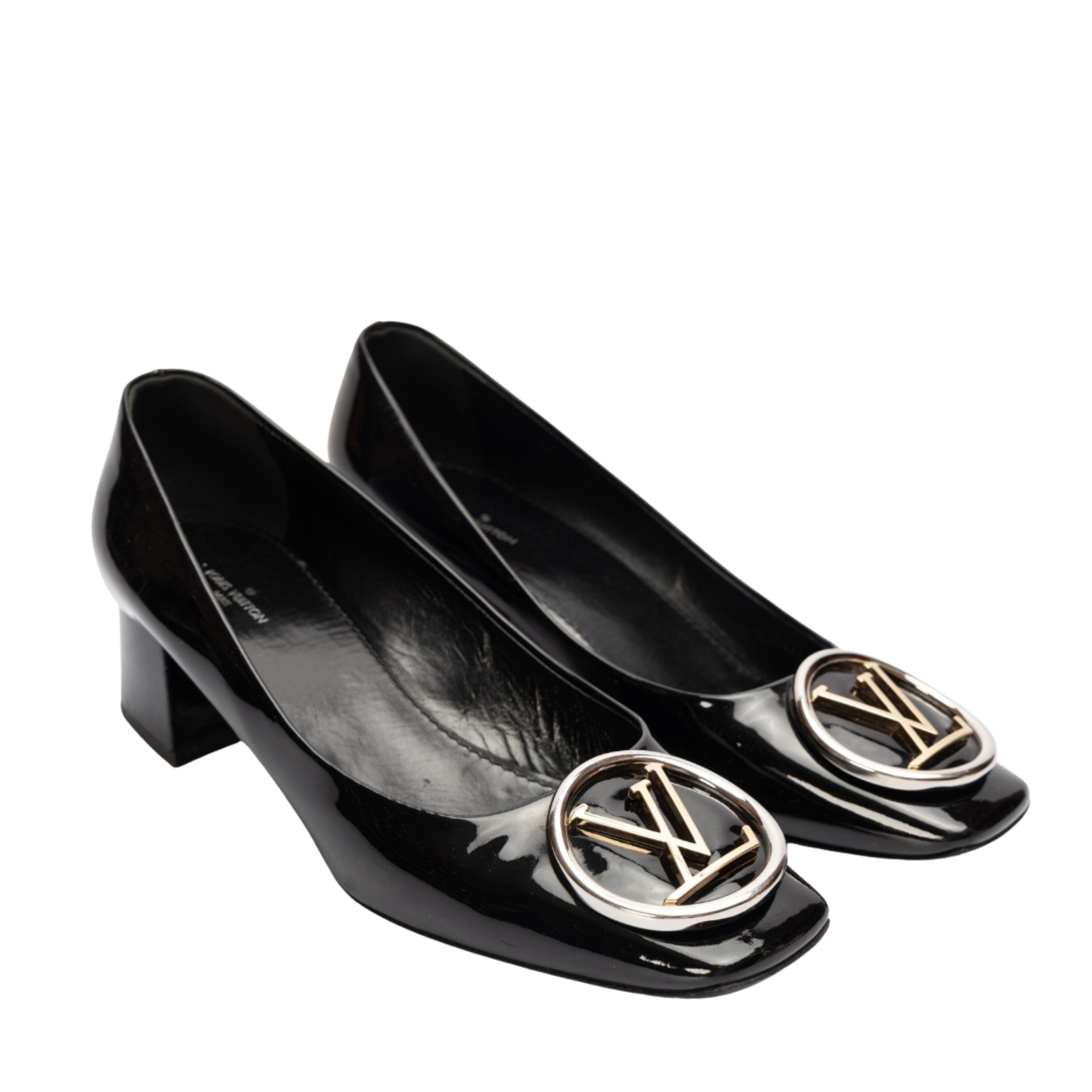 Louis Vuitton Black Madeleine Logo Block Heel Pumps