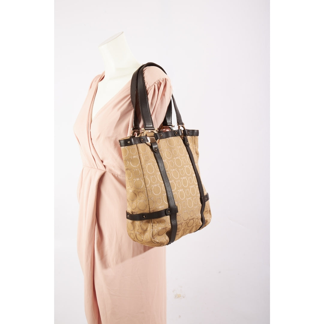 Salvatore Ferragamo Gancini Canvas Leather Tote